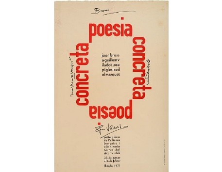 Cartell original de l’exposició Poesia concreta, 1971, signat per Joan Brossa, Josep Iglésias del Marquet, Guillem Viladot i Francesc Vicens.