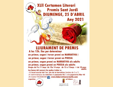 Cartell del XLII Certamen literari "Premis Sant Jordi" (podeu veure'l ampliat a l'apartat "Enllaços")